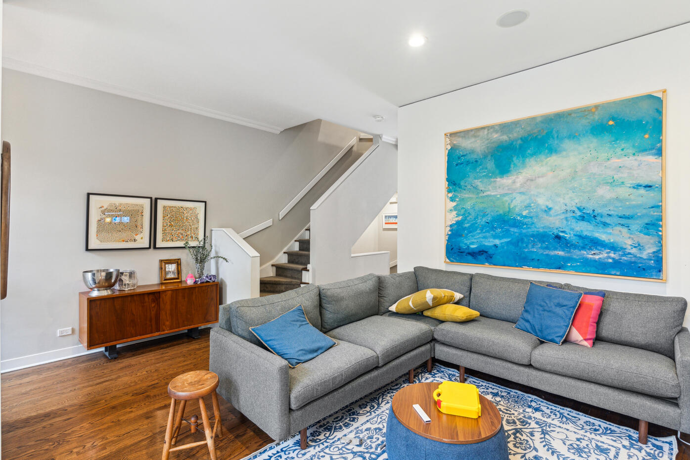 Living room and staircase interior real estate photography Chicago